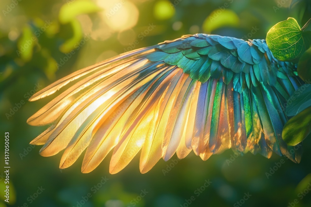 Obraz premium A stunning bird wing, illuminated by sunlight, displays golden and blue hues amongst lush green foliage.
