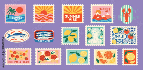 Italian summer mediterranean trendy postage stamps. Vector illustration of beach, waves doodle, canned sardine, antique bust, lobster, fish, pasta, nautical seal, sea and ocean for icons and stickers