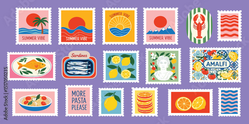 Italian summer mediterranean trendy postage stamps. Vector illustration of beach, waves doodle, canned sardine, antique bust, lobster, fish, pasta, nautical seal, sea and ocean for icons and stickers