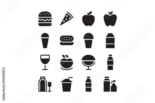 Food and Drink Solid Icons Set Black Silhouette Vector Collection of Snacks and Beverages