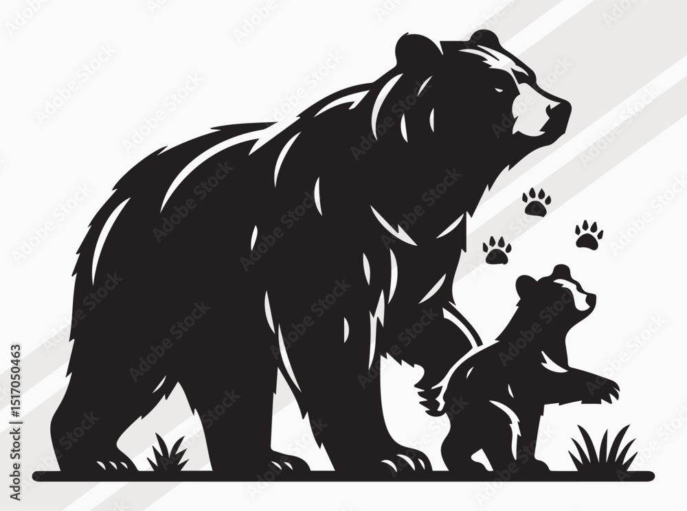 Fototapeta premium Bear and Cub Silhouette, Mama Bear and Child Bear, Dad Bear And Child Bear SVG Illustration Depicting Wildlife Bond and Nature Connection