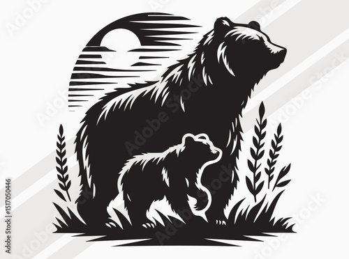 Bear and Cub Silhouette, Mama Bear and Child Bear, Dad Bear And Child Bear SVG Illustration Depicting Wildlife Bond and Nature Connection