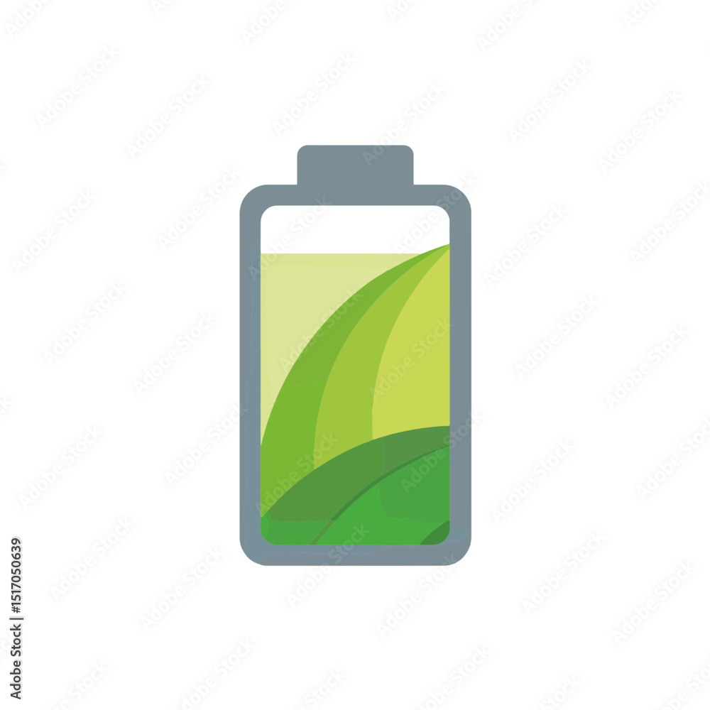 Stylized green battery icon displaying partial charge with modern design elements on white background, visual concept of energy and sustainability for tech or environmental businesses Stylized green battery icon displaying partial charge with modern design elements on white background, visual concept of energy and sustainability for tech or environmental businesses