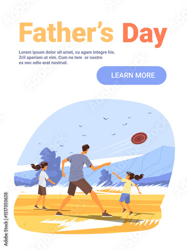 Father and children playing frisbee outdoor family activity park landscape blue sky birds modern website banner