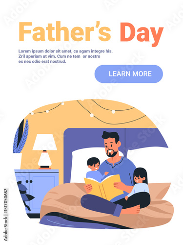 Father reading bedtime story to children family bonding cozy bedroom warm colors lamp nightstand plants website banner