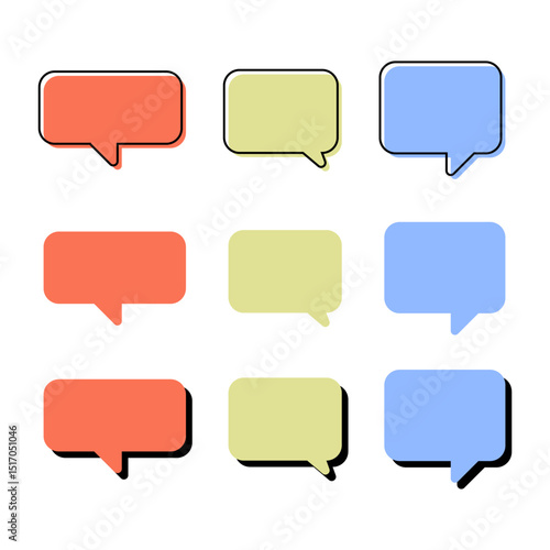Speech bubble icons in red, light yellow or green, and light blue, with black outlines, symbolizing chat and communication or messaging