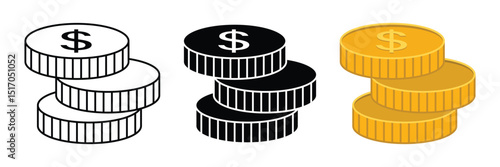 Set of Money sign icon collection. Coin, Stack of money coins symbol.