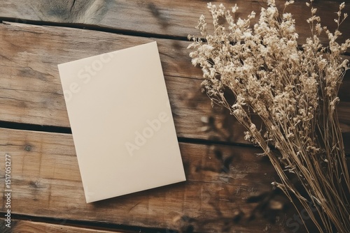 Blank card and dried flowers on a rustic wooden surface creating a warm and natural ambiance.