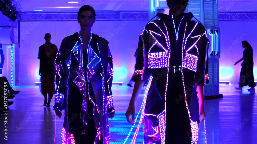 Sleek fashion model strutting LED embedded clothing across runway during cutting edge tech fashion event, showcasing avant garde design aesthetic