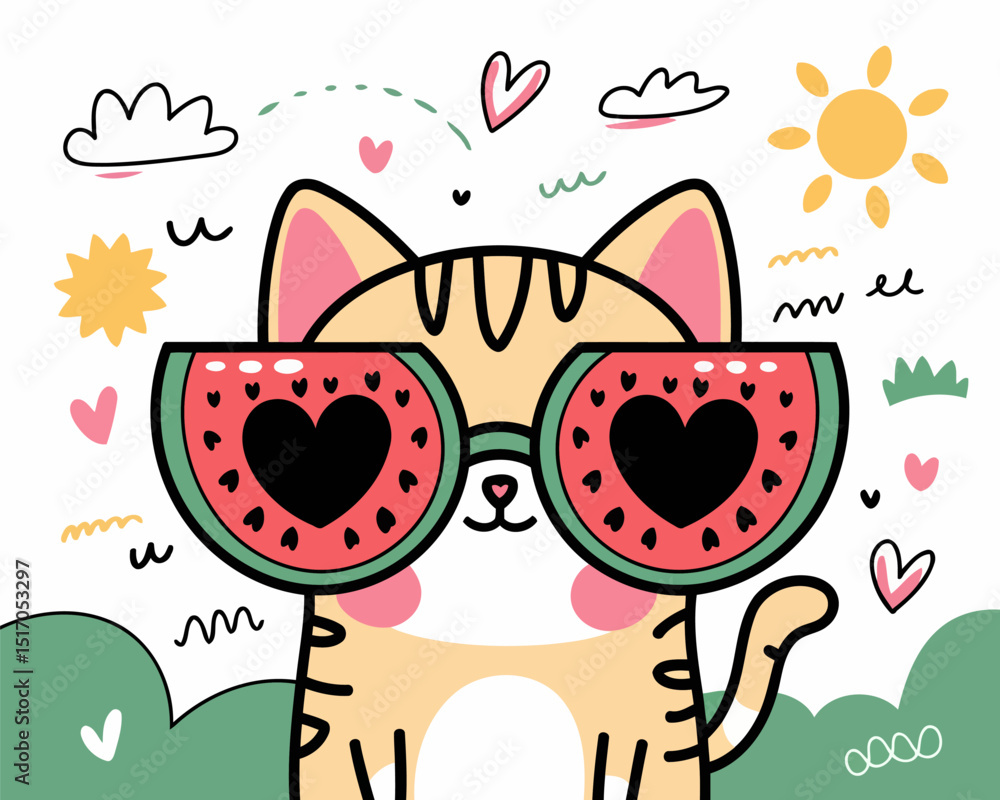 Fototapeta premium Cute cartoon cat wearing watermelon slice sunglasses with heart-shaped seeds and cheerful summer vibe