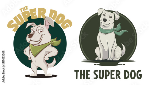 Cartoon superhero dog logo with green bandana and confident pose, ideal for pet brands and products