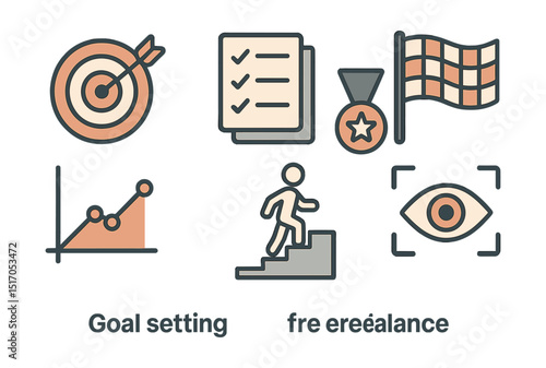 Outline with Fill vector icons of goal setting in freelancing: target board, goal list, medal icon, finish flag, sprint chart, step tracker, OKR icon, focus eye.