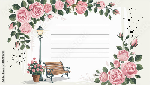Holiday greeting card with the image of flowers and rose leaves near a bench and a street lamp. Romantic holiday atmosphere. Color vector illustration. EPS.