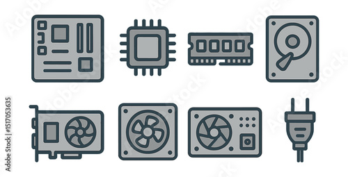 Outline with Fill icon set for computer hardware basics: motherboard, CPU chip, RAM stick, hard drive, GPU, cooling fan, power supply, cable plug.