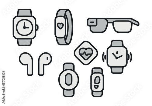 Outline with Fill icon set for wearable tech: smart watch, fitness band, AR glasses, earpods, health tracker, wrist alerts, wearable icon, step counter.
