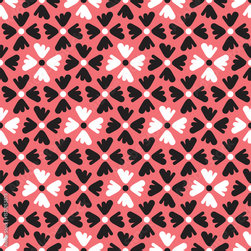 Retro floral motif graphic pattern. Doodle flower seamless illustration vector in red, white and black.