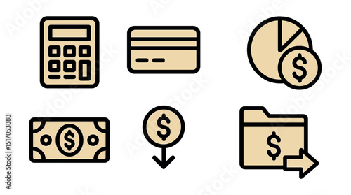 Outline with Fill style icons of finance operations: calculator, credit card, invoice sheet, budget pie, cash symbol, expense icon, finance folder, payment arrow.