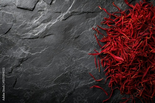Saffron threads on dark slate background, showcasing the vibrant red spice against the rough texture.