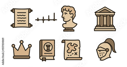 Outline with Fill style icons of history class: ancient scroll, timeline icon, statue head, museum icon, crown, history book, map scroll, knight helmet.