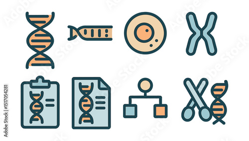 Outline with Fill vector icons of genetics and DNA: DNA helix, gene strand, cell icon, chromosome icon, genome test, bio data, hereditary chart, CRISPR.