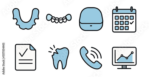 Outline with Fill icon set for retention phase: clear retainer, bonded wire, retainer box, retention calendar, instruction sheet, breakage icon, follow-up call, stability chart.