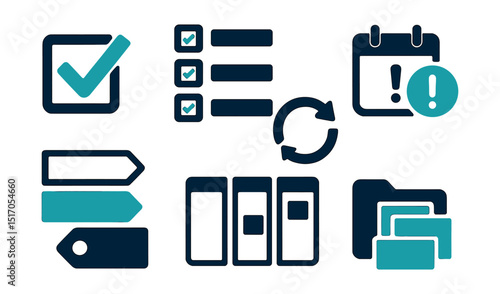 Two-Color vector icons of task management: task checkbox, subtasks icon, repeat task, due date alert. Status tags, project label, Kanban board, task group.