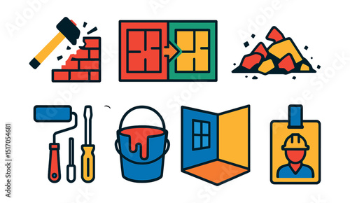 Flat vector icons of home renovation: wall demolition, before & after layout, construction debris, blueprint with house, renovation tools, paint bucket, room remodel, contractor badge.