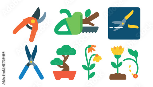 Flat vector icons of pruning and trimming: hand pruner, hedge trimmer, cut branch, trimming line, pruning shears, bonsai cut, deadheading flowers, pruning guide.