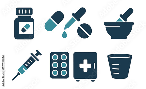 Two-Color vector icons of medicine: pill bottle, capsule and tablet, dropper icon, mortar and pestle. Syringe icon, blister pack, medicine cabinet, dosage icon.