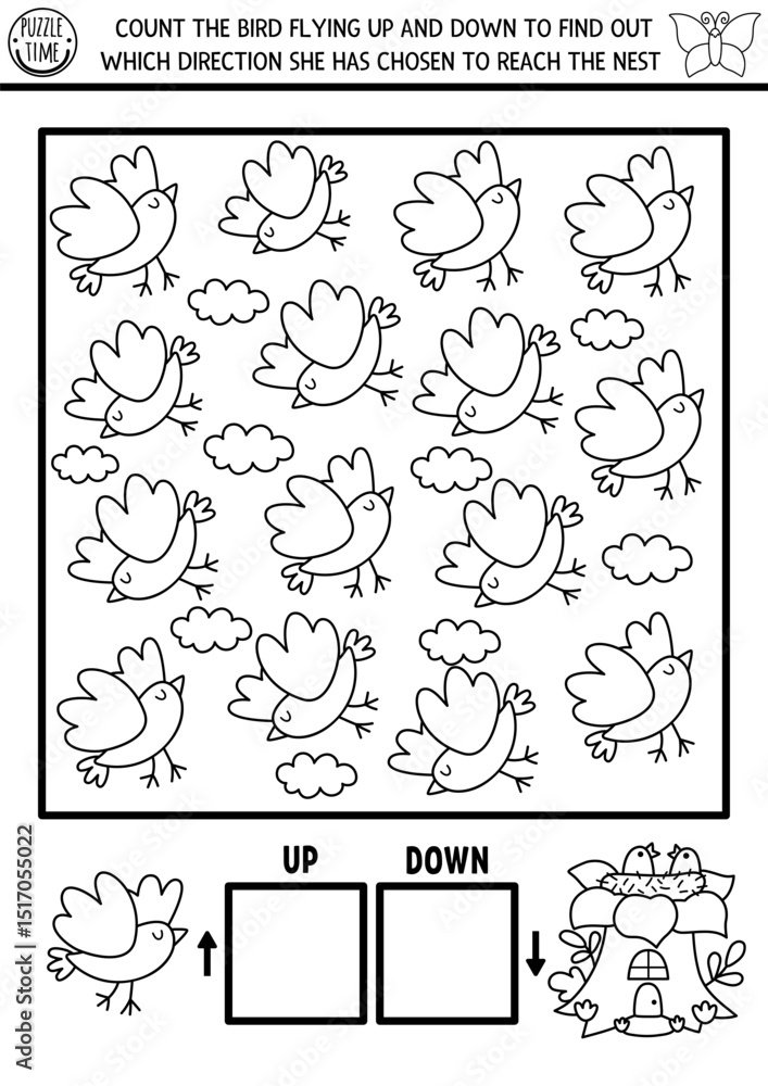 Fototapeta premium Fairyland, forest nature logic game with up, down concept for kids. Black and white I spy searching, counting activity with bird, nest. Printable space orientation worksheet, puzzle, coloring page