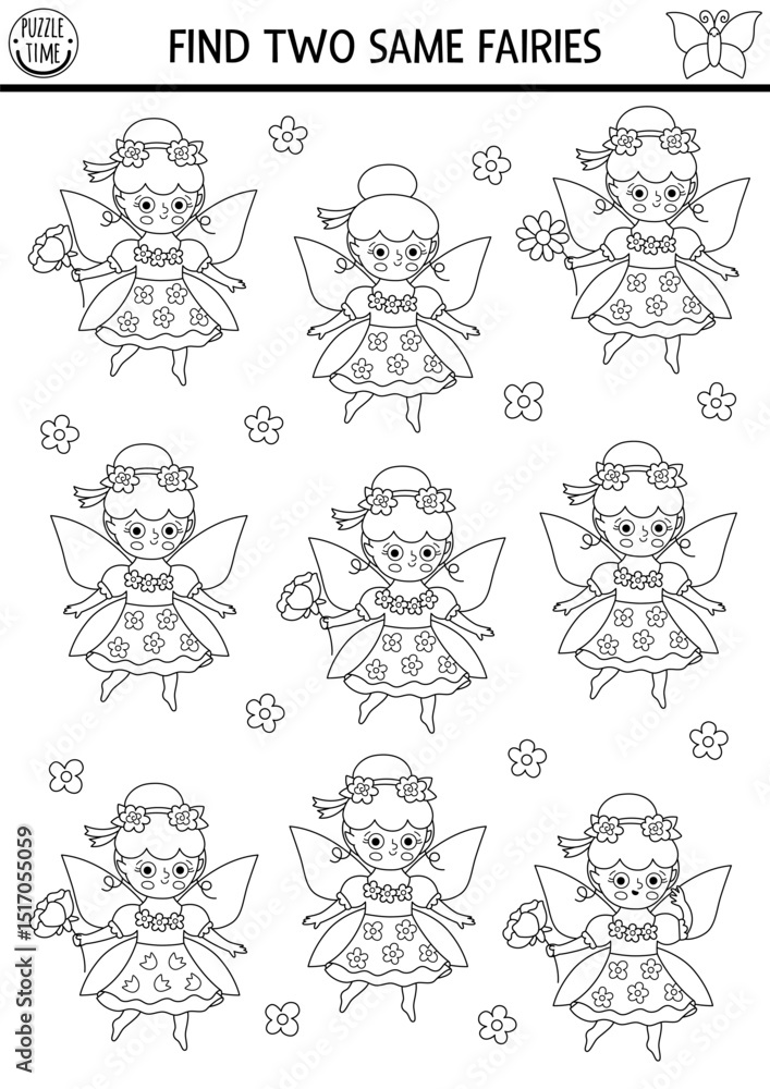 Find two same flower fairies. Fairyland black and white matching activity, coloring page. Magic garden or forest educational quiz worksheet for kids. Printable game with cute girl Find two same flower fairies. Fairyland black and white matching activity, coloring page. Magic garden or forest educational quiz worksheet for kids. Printable game with cute girl