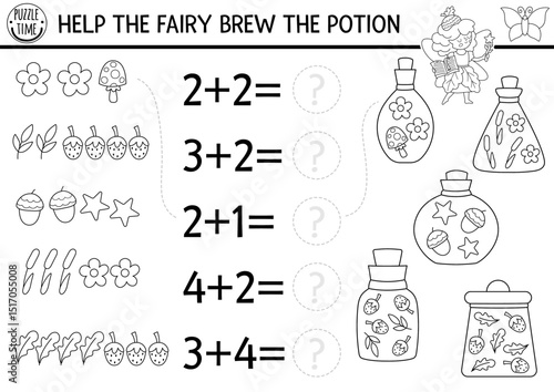 Match the numbers black and white fairyland game with fairy brewing potion. Woodland princess math activity, coloring page. Fairytale educational counting, matching worksheet with acorn, berry