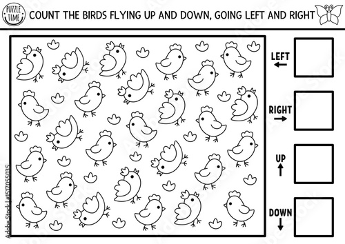 Fairyland, forest nature logic game with right, left, up, down concept. Black and white I spy searching, counting activity with bird. Printable space orientation worksheet, puzzle, coloring page