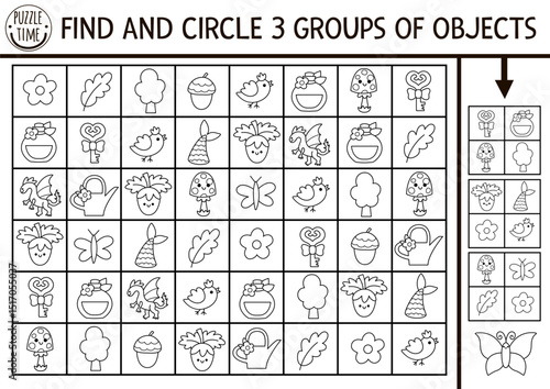 Fairyland black and white seek and find game with woodland symbols. Attention skill puzzle with berry, flower. Forest fairy printable activity, coloring page for kids. Magic garden searching puzzle