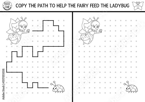 Fairyland black and white drawing, writing, tracing, space orientation activity for kids with fairy bug. Draw lines in box. Preschool woodland fantasy printable game, puzzle, coloring page