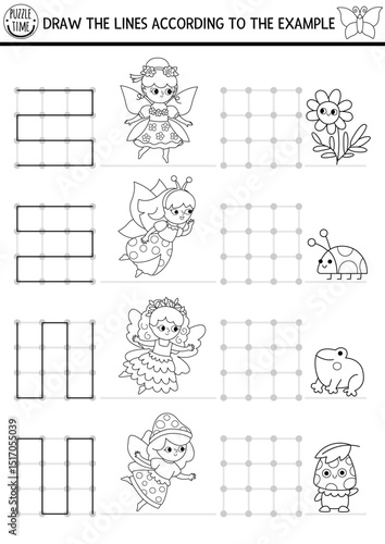 Fairyland black and white drawing, writing, tracing, space orientation activity for kids with woodland fairies, flower, frog. Draw lines in square box. Preschool printable game, puzzle, coloring page