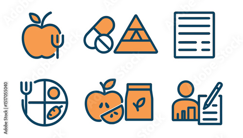 Two-Color vector icons of nutrition: apple and fork, vitamins icon, food pyramid, nutrition label. Balanced plate, healthy snack, nutrient chart, meal journal.
