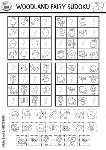 Vector fairyland black and white sudoku puzzle for kids with pictures. Woodland fairy quiz with cut and glue elements. Education activity or coloring page with bird, berry, bugs. Draw missing objects