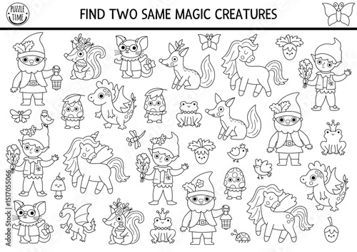 Find two same magic creature. Fairyland black and white matching activity, coloring page for children. Magic garden, forest, fairy quiz worksheet for kids with dragon, dwarf, elf. Printable game