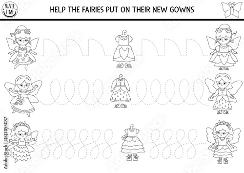 Vector black and white handwriting practice worksheet with woodland princess, dress. Printable activity for preschool kids with girls. Fairyland tracing game, coloring page with fairies and new gowns