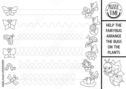 Vector black and white handwriting practice worksheet with woodland fairy arranging bugs on plants and flowers. Printable activity, coloring page for kids with insects. Fairyland tracing game