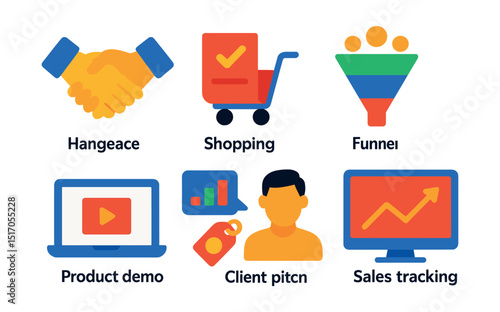Flat vector icons of sales process: handshake, deal close, shopping cart, sale funnel, product demo, client pitch, price tag, sales tracking.