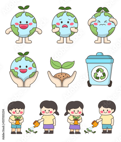 지구 사랑 일러스트 세트 | 환경 보호, 재활용, 식물 심는 어린이 그림