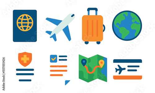 Flat vector icons of tourism travel essentials: passport, airplane, suitcase, globe, travel insurance, itinerary, tourist map, boarding pass.