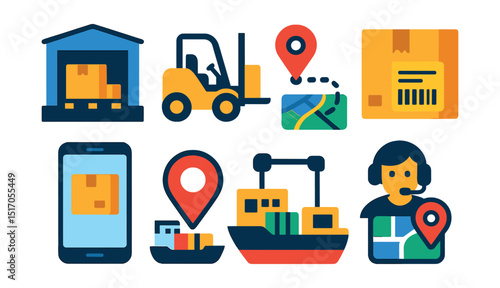 Flat vector icons of business logistics: loading dock, forklift, route planning, shipping label, logistics app, freight ship, dispatch center, GPS tracking.