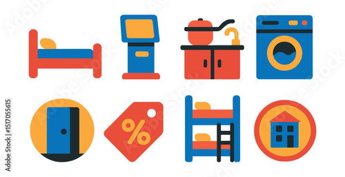 Flat vector icons of budget hospitality: simple bed, self-service kiosk, shared kitchen, laundry machine, budget room icon, discount sign, bunk bed, hostel badge.