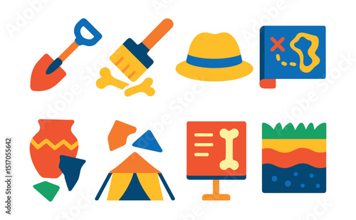 Flat vector icons of archaeology and digs: excavation shovel, brush with bones, archaeologist hat, dig site map, pottery shards, excavation tent, bone chart, ancient layers.
