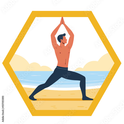 Athletic man practicing yoga on the beach during summer, with serene ocean backdrop and soft sand, wellness concept of fitness or retreat