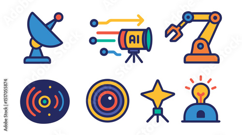 Flat vector icons of astronomical innovation: satellite dish, data transmission, AI telescope, robotics, deep space signal, high-tech lens, smart star tracker, innovation hub.
