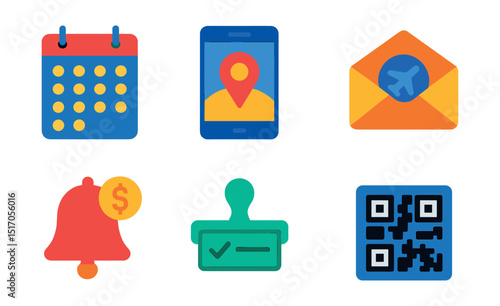 Flat vector icons of travel booking: calendar with dates, booking form, travel app, reservation email, price alert, confirmed stamp, payment card, QR code.